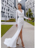 White Satin V Neck Slit Wedding Dress